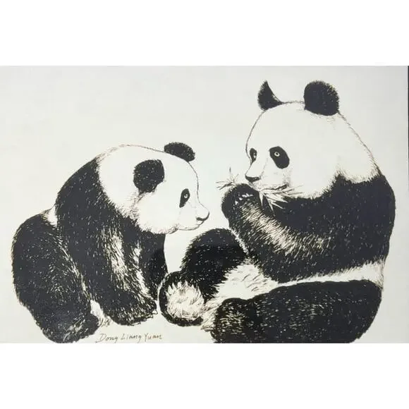 Dong Liang Yuan Set of 4 Framed & Matted Small Signed “Panda” Prints 10”X8”